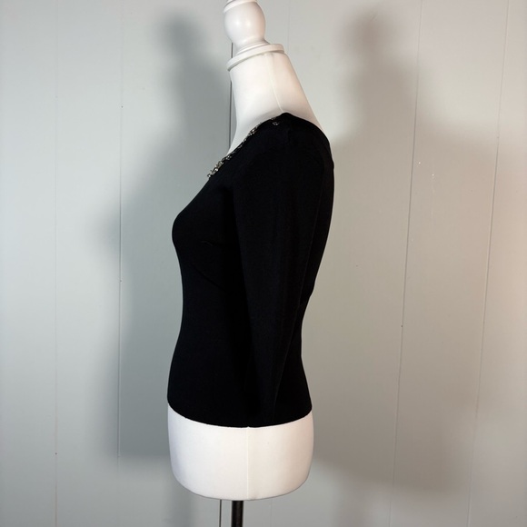 90s y2k Black Stretch Top Women’s M Petite Boat Neck 3/4 Sleeve Goth Glam Edgy - Picture 4 of 6